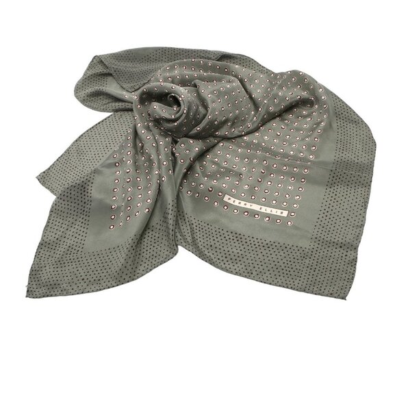 Vintage Perry Ellis Silk Scarf Square Large Dotted Moss Green White Neutral 80s - Picture 2 of 6